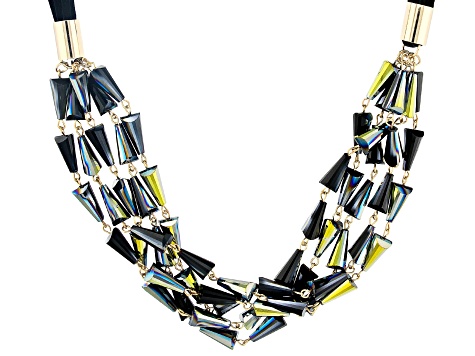 Pre-Owned Black Iridescent Bead Gold Tone Multi-Row Necklace