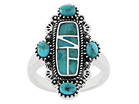 Pre-Owned Multi-Shape Turquoise Rhodium Over Sterling Silver Ring
