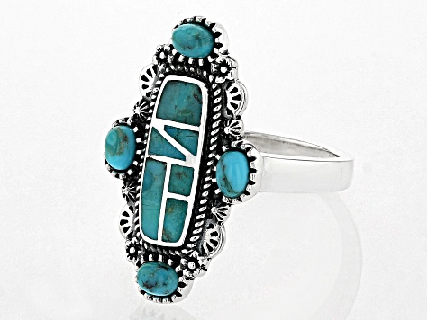 Pre-Owned Multi-Shape  Turquoise Rhodium Over Sterling Silver Ring