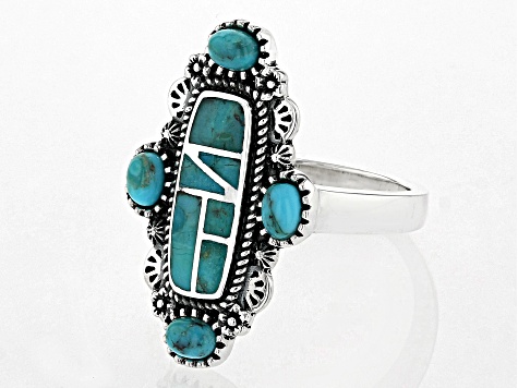 Pre-Owned Multi-Shape Turquoise Rhodium Over Sterling Silver Ring