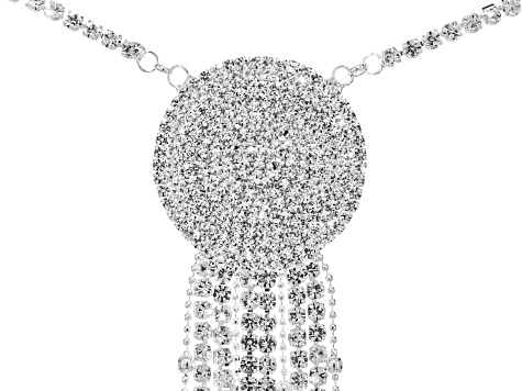 Pre-Owned White Crystal Silver Tone Pave Circle Necklace With Tassel