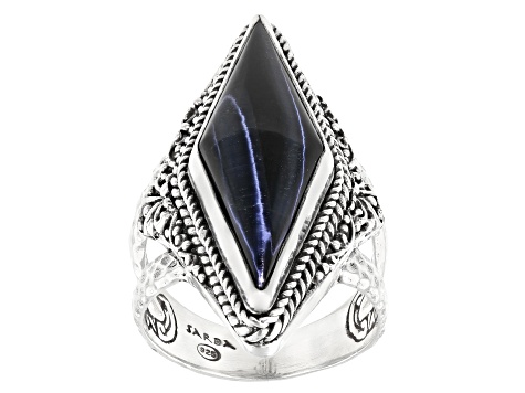 Pre-Owned Blue Tigers Eye Silver Hammered Ring