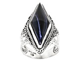 Pre-Owned Blue Tigers Eye Silver Hammered Ring