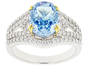 Pre-Owned Blue And White Cubic Zirconia Rhodium Over Sterling Silver Starry Cut Ring 7.32ctw