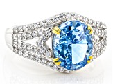 Pre-Owned Blue And White Cubic Zirconia Rhodium Over Sterling Silver Starry Cut Ring 7.32ctw