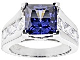 Pre-Owned Blue And White Cubic Zirconia Rhodium Over Sterling Silver Ring 9.90ctw