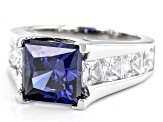 Pre-Owned Blue And White Cubic Zirconia Rhodium Over Sterling Silver Ring 9.90ctw