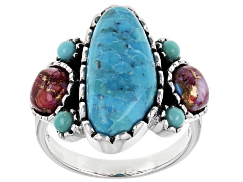 Pre-Owned Blue Turquoise and Purple Spiny Oyster Rhodium Over Sterling Silver Ring