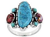 Pre-Owned Blue Turquoise and Purple Spiny Oyster Rhodium Over Sterling Silver Ring