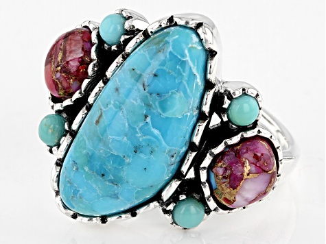Pre-Owned Blue Turquoise and Purple Spiny Oyster Rhodium Over Sterling Silver Ring