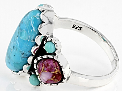 Pre-Owned Blue Turquoise and Purple Spiny Oyster Rhodium Over Sterling Silver Ring