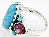 Pre-Owned Blue Turquoise and Purple Spiny Oyster Rhodium Over Sterling Silver Ring