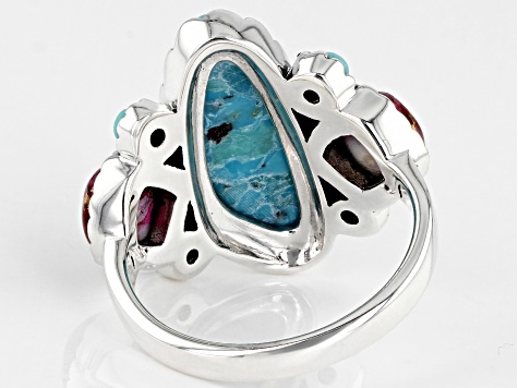 Pre-Owned Blue Turquoise and Purple Spiny Oyster Rhodium Over Sterling Silver Ring