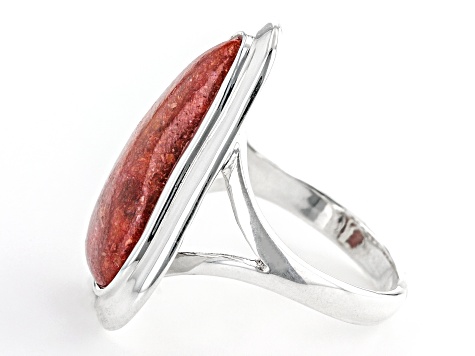 Pre-Owned Custom Shape Red Sponge Coral Rhodium over Sterling Silver Ring
