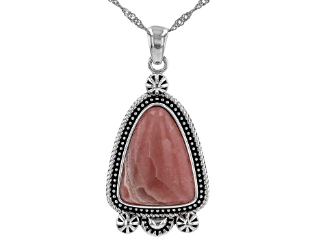 Pre-Owned Pink Triangular Rhodochrosite Rhodium Over Sterling Silver Pendant With Chain