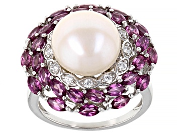 Picture of Pre-Owned White Cultured Freshwater Pearl With Rhodolite And White Zircon Rhodium Over Sterling Silv
