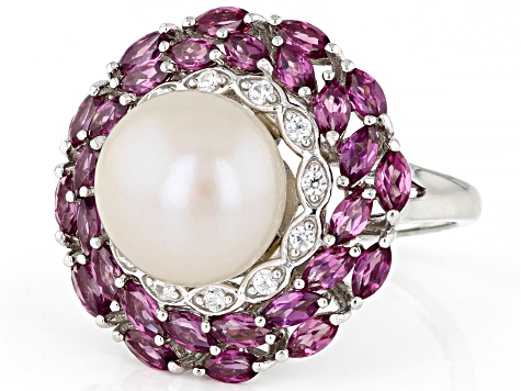 Pre-Owned White Cultured Freshwater Pearl With Rhodolite And White Zircon Rhodium Over Sterling Silv