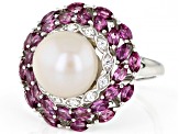 Pre-Owned White Cultured Freshwater Pearl With Rhodolite And White Zircon Rhodium Over Sterling Silv