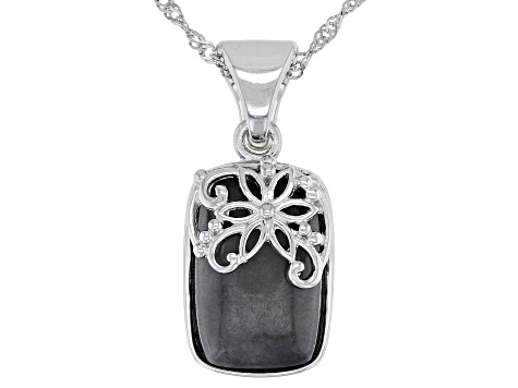 Pre-Owned Charcoal Jadeite Sterling Silver Floral Overlay Pendant With 18" Chain