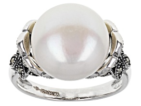 Pre-Owned White Cultured Freshwater Pearl & Marcasite Rhodium Over Sterling Silver Ring
