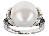 Pre-Owned White Cultured Freshwater Pearl & Marcasite Rhodium Over Sterling Silver Ring