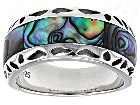Pre-Owned Multi Color Abalone Shell Rhodium Over Sterling Silver Band Ring