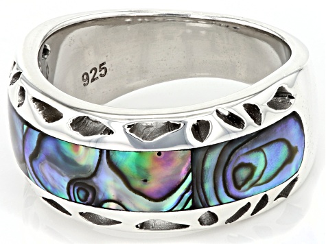 Pre-Owned Multi Color Abalone Shell Rhodium Over Sterling Silver Band Ring