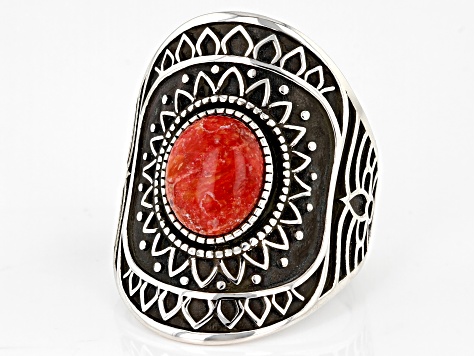 Pre-Owned Sponge Coral Rhodium Over Sterling Silver Ring