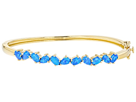 Pre-Owned Blue Lab Created Opal 18K Yellow Gold Over Silver Bangle