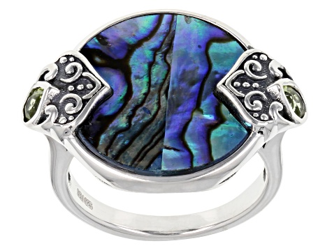Pre-Owned Multi Color Abalone Shell Sterling Silver Oxidized Ring 0.27ctw