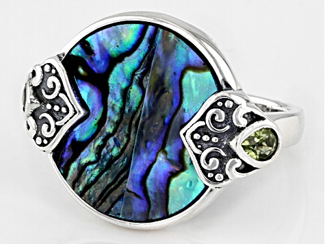 Pre-Owned Multi Color Abalone Shell Sterling Silver Oxidized Ring 0.27ctw