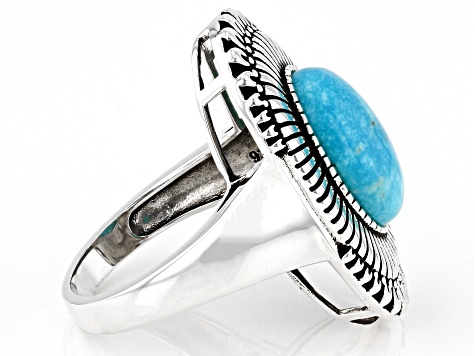 Pre-Owned Oval Kingman Turquoise Rhodium Over Sterling Silver Ring