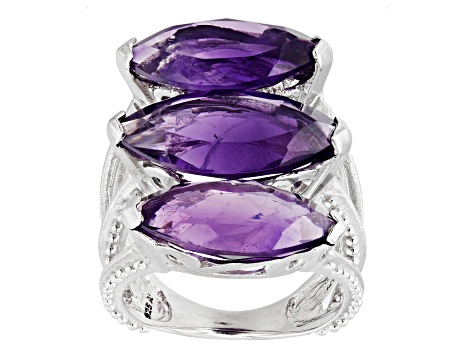 Pre-Owned Purple African Amethyst Rhodium Over Sterling Silver 3-Stone Ring 11.40ctw
