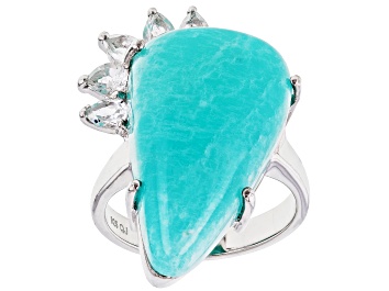 Picture of Pre-Owned Amazonite and White Topaz Rhodium Over Sterling Silver Ring 0.81ctw