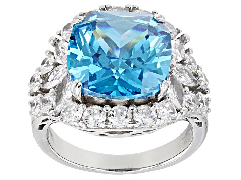 Pre-Owned Blue And White Cubic Zirconia Rhodium Over Sterling Silver Ring 13.70ctw