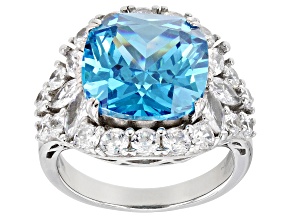 Pre-Owned Blue And White Cubic Zirconia Rhodium Over Sterling Silver Ring 13.70ctw