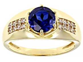 Pre-Owned Blue Lab Created Sapphire 18k Yellow Gold Over Sterling Silver Men's Ring 2.40ctw