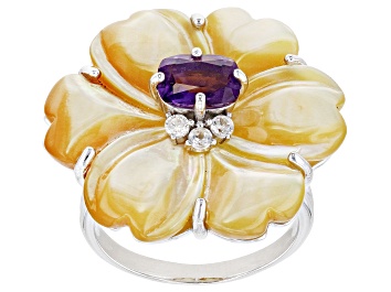 Picture of Pre-Owned Golden Mother-of-Pearl, Amethyst & White Zircon Rhodium Over Sterling Silver Floral Ring 0