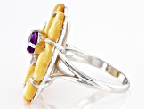 Pre-Owned Golden Mother-of-Pearl, Amethyst & White Zircon Rhodium Over Sterling Silver Floral Ring 0