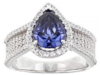Picture of Pre-Owned Blue And White Cubic Zirconia Rhodium Over Sterling Silver Ring 3.85ctw