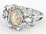 Pre-Owned Oval Ethiopian Opal And Champagne Diamond Rhodium Over Sterling Silver Ring 1.14ctw
