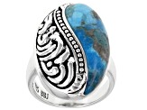 Pre-Owned Blue Turquoise Inlay Design Rhodium Over Sterling Silver Ring