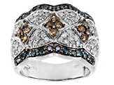 Pre-Owned Champagne, Blue And White Diamond Rhodium Over Sterling Silver Wide Band Ring 1.75ctw