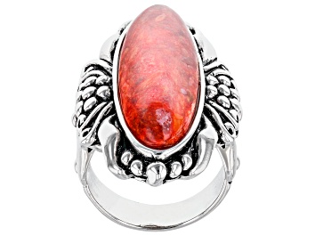 Picture of Pre-Owned Red Sponge Coral Rhodium Over Sterling Silver Statement Ring