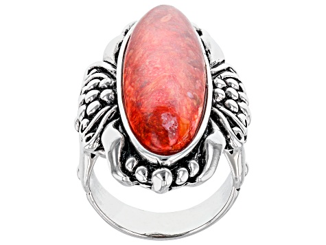 Pre-Owned Red Sponge Coral Rhodium Over Sterling Silver Statement Ring