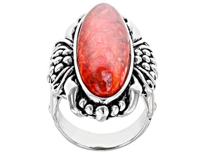 Pre-Owned Red Sponge Coral Rhodium Over Sterling Silver Statement Ring