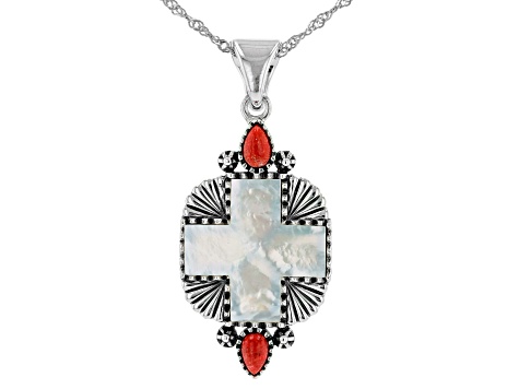 Pre-Owned White Mother-of-Pearl Cross with Red Coral Rhodium Over Sterling Silver Enhancer