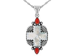 Pre-Owned White Mother-of-Pearl Cross with Red Coral Rhodium Over Sterling Silver Enhancer
