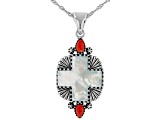Pre-Owned White Mother-of-Pearl Cross with Red Coral Rhodium Over Sterling Silver Enhancer