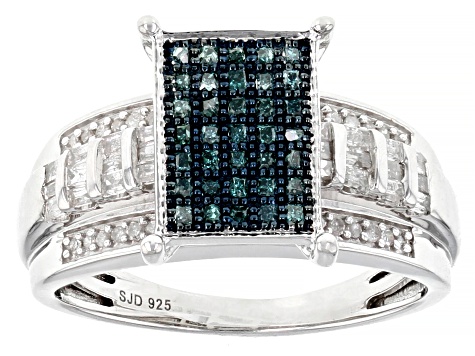 Pre-Owned Blue And White Diamond Platinum Over Sterling Silver Quad Ring 0.60ctw